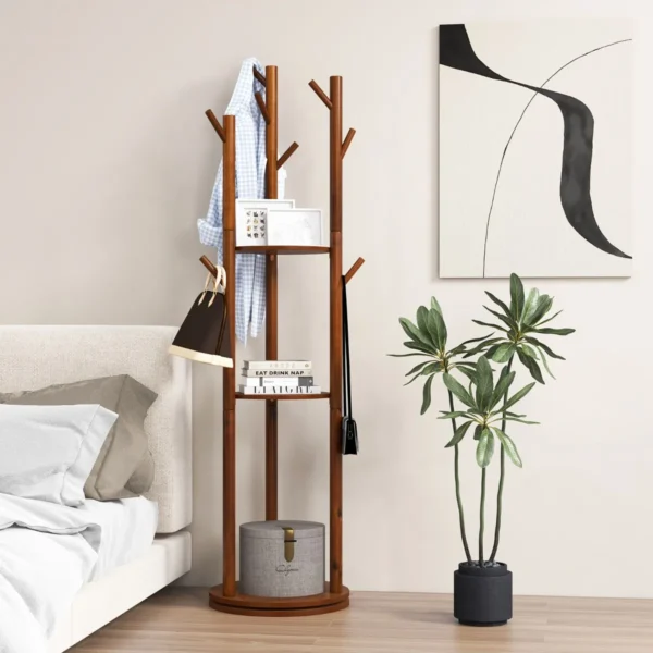 167 cm draaibare houten kapstok met 3 opbergplanken en 9 haken vrijstaande kapstok voor hal woonkamer slaapkamer walnoot 7