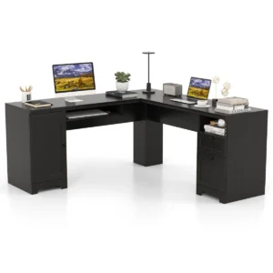 168 cm l vormig computerbureau ruim hoekbureau met lades kast en toetsenbordlade bureautafel voor thuiskantoor zwart 1