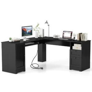 168cm l vormig computerbureau met stopcontacten modern bureau met 2 opberglades kast verstelbare plank en toetsenbordlade 1