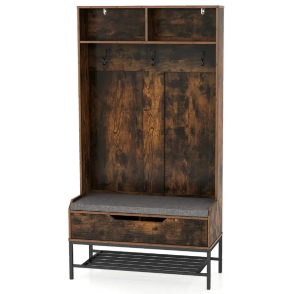 170 cm 4 in 1 kapstok met bank en kussen open vakken haken schoenenopberger met klapdeksel anti kantelsets bruin 2