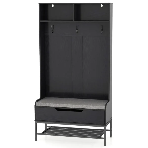 170 cm 4 in 1 kapstok met bank en kussen open vakken haken schoenenopberger met klapdeksel anti kantelsets zwart 2