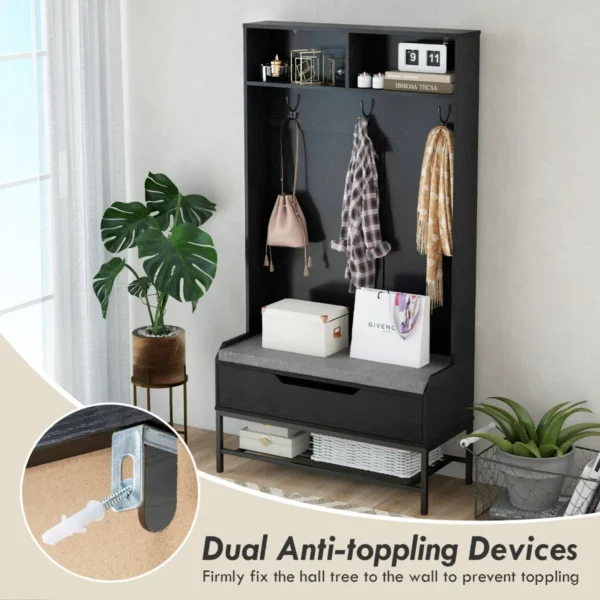 170 cm 4 in 1 kapstok met bank en kussen open vakken haken schoenenopberger met klapdeksel anti kantelsets zwart 6