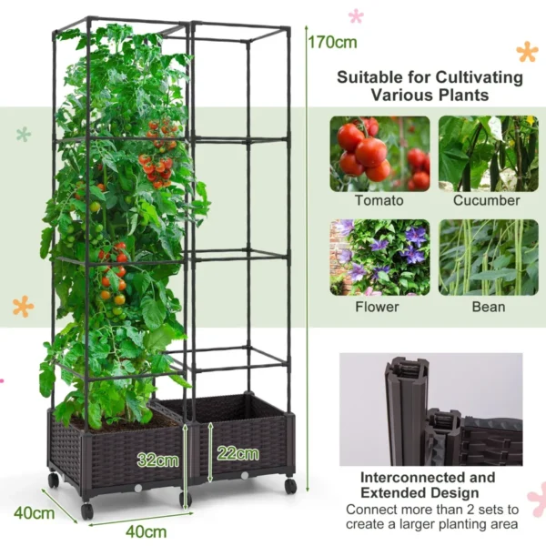 170 cm verticale verhoogde moestuin met traliewerk plantenbak met zelfirrigatiesysteem en wielen verstelbare hoogte voor klimplanten bloemen 3