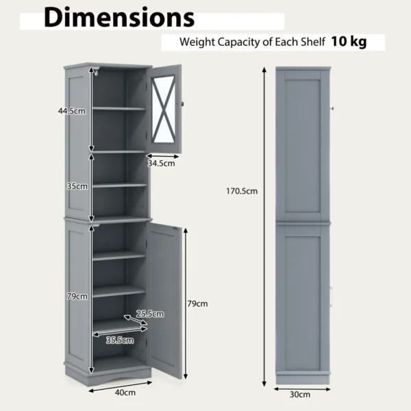170,5 cm hoge badkamerkast vrijstaande kast 5 verstelbare planken 2 deuren smalle badkamerkast woonkamer kantoor grijs 3