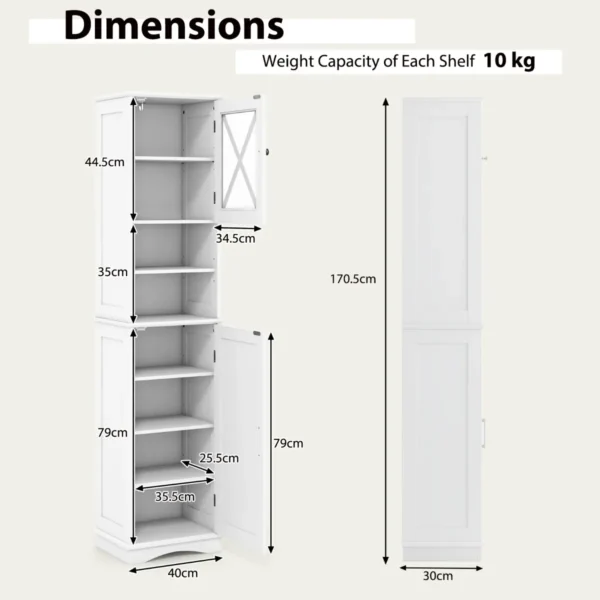 170,5 cm hoge badkamerkast vrijstaande kast 5 verstelbare planken 2 deuren smalle badkamerkast woonkamer kantoor wit 3