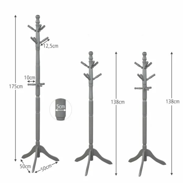 175 cm kapstok met 9 haken vrijstaande kledingstandaard van hout met verstelbare hoogte mantelstandaard in boomvorm (grijs) 3
