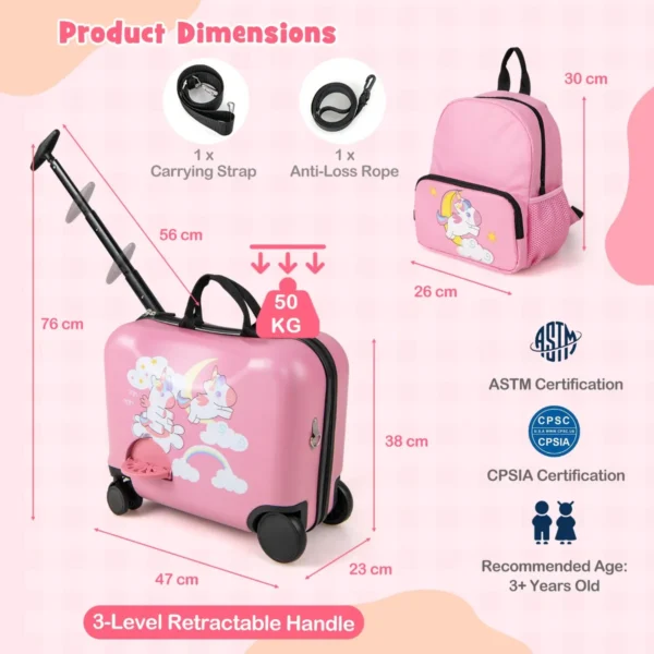 18" koffer & 12" rugzakset voor kinderen koffer op wieltjes kinderbagage met draagriem eenhoorn 2