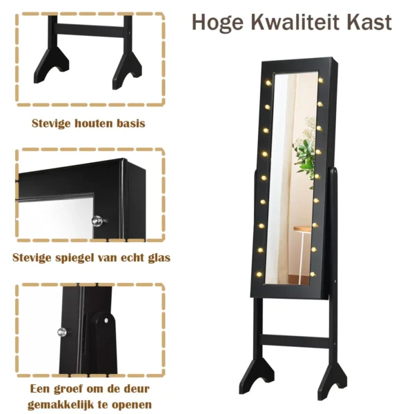 18 led sieradenkast kantelbaar verstelbaar staand ontwerp sieradenplank met volledige spiegel 35×31,5 x 145cm zwart 6