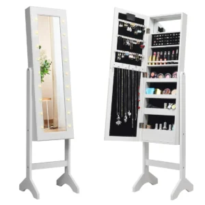 18 led's sieradenkast helder glas spiegel over de volle lengte opslag organisator voor de verzameling van alle soorten sieraden (wit) 1