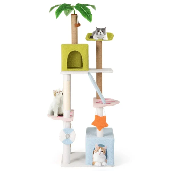 180 cm grote krabpaal met meerdere verdiepingen met 2 kattenholtes platforms sisalpalen ladder/krabplank en speelgoed kleurrijk 2