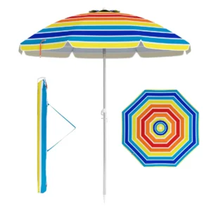 198 cm strandparaplu met zandanker patio paraplu met drukknop kantel & upf 50 + bescherming draagbare parasol met draagtas multicolor 1