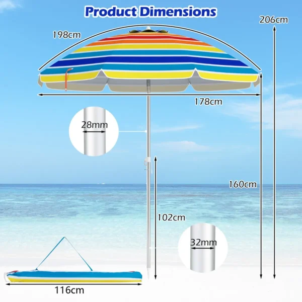 198 cm strandparaplu met zandanker patio paraplu met drukknop kantel & upf 50 + bescherming draagbare parasol met draagtas multicolor 2