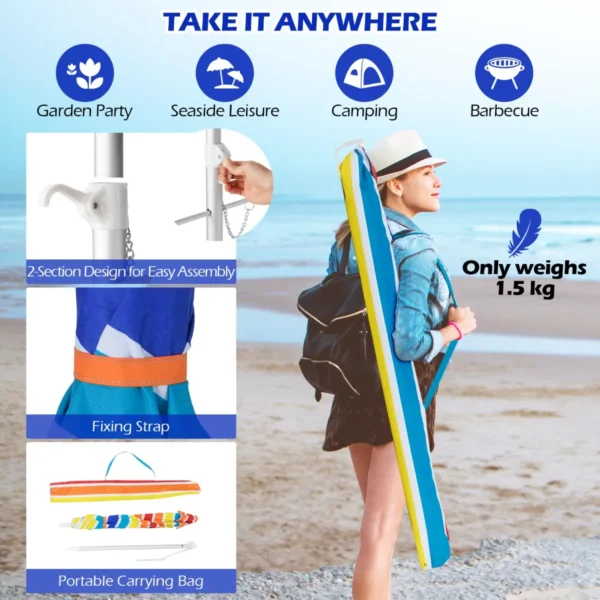 198 cm strandparaplu met zandanker patio paraplu met drukknop kantel & upf 50 + bescherming draagbare parasol met draagtas multicolor 5