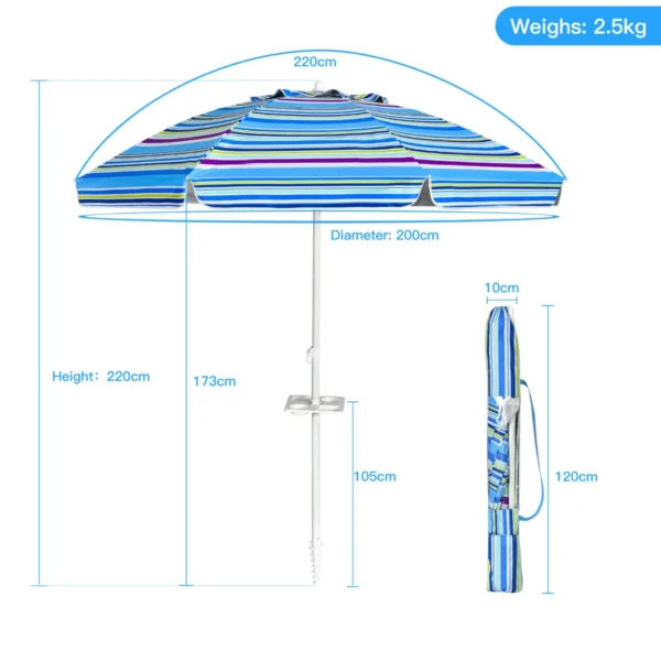 2.2m strandparaplu upf50 + zonbescherming draagbare parasol patioparaplu lichtblauw 2