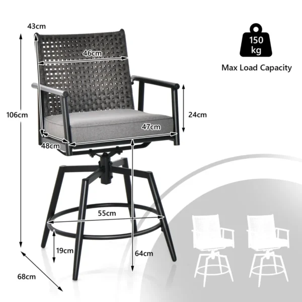 2 barstoelen 360° draaibaar metalen frame dubbellaagse rotan rugleuning verwijderbaar kussen voor terras veranda zwart 3