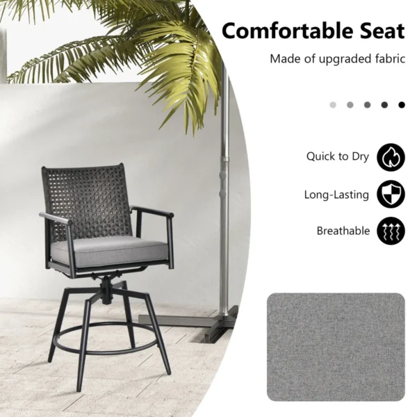 2 barstoelen 360° draaibaar metalen frame dubbellaagse rotan rugleuning verwijderbaar kussen voor terras veranda zwart 5