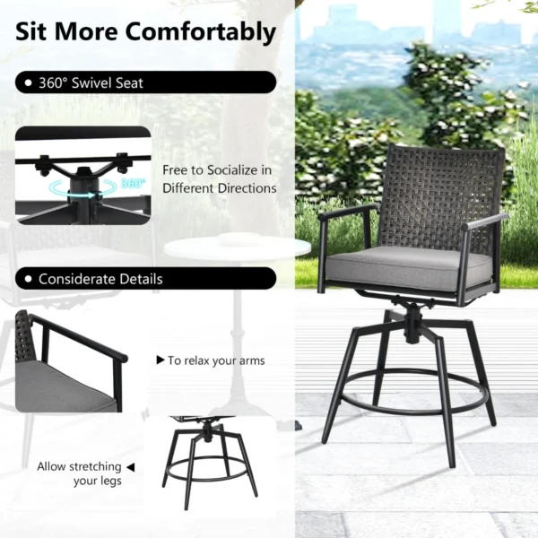 2 barstoelen 360° draaibaar metalen frame dubbellaagse rotan rugleuning verwijderbaar kussen voor terras veranda zwart 7