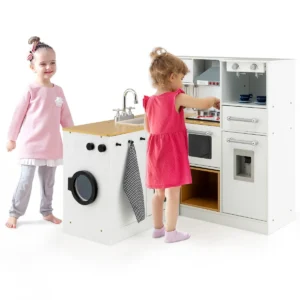2 delige kinderkeukenset vaatwasser speelkeukentje met echte geluiden en lichtjes krukje koffiezetapparaat waterdispenser fornuis 1