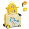 2 delige kinderkoffer + rugzak 47 cm lange ride on koffer en 30 cm brede rugzak met wielen en waterdichte harde schaal geel 1