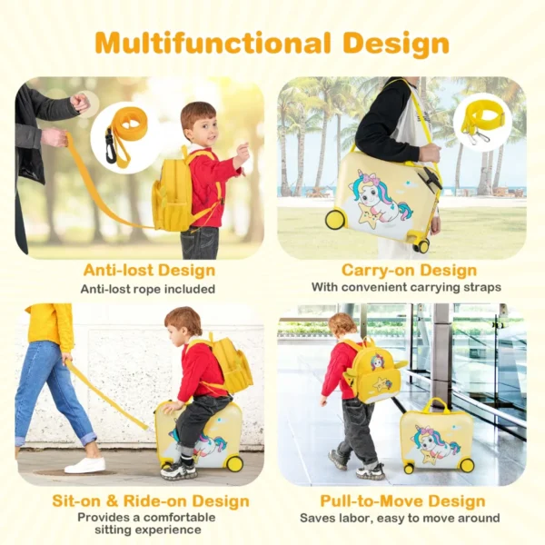 2 delige kinderkoffer + rugzak 47 cm lange ride on koffer en 30 cm brede rugzak met wielen en waterdichte harde schaal geel 6