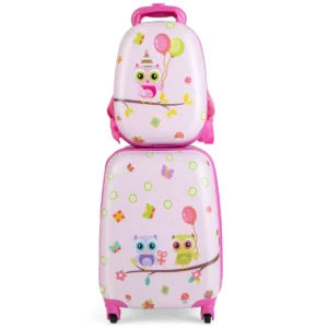 2 delige kinderkoffer + rugzak kindertrolley van kunststof kinderbagage kinderkofferset 12"+16" kinderkoffer roze vogeltjes 1