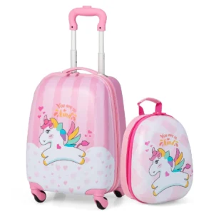 2 delige kinderkoffer + rugzak kindertrolley van kunststof kinderbagage kinderkofferset handbagage roze eenhoorns 1