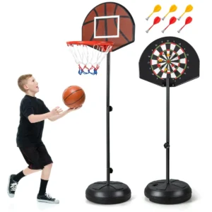 2 in 1 basketbalring verstelbare hoogte 130 180 cm met dartbord dubbelzijdig backboard 6 darts binnen/buiten voor kinderen 1