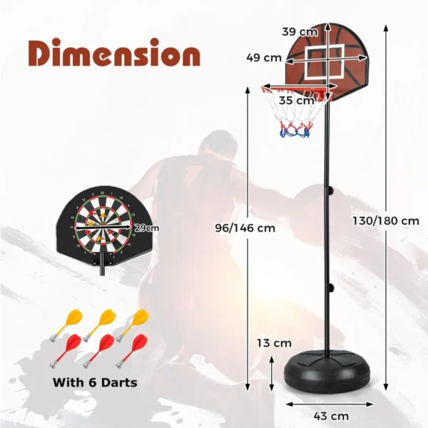 2 in 1 basketbalring verstelbare hoogte 130 180 cm met dartbord dubbelzijdig backboard 6 darts binnen/buiten voor kinderen 2