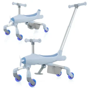 2 in 1 duwauto voor kinderen duwauto met vliegtuigthema met led verlichte wielen afneembare en verstelbare handgreep blauw 1