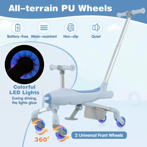 2 in 1 duwauto voor kinderen duwauto met vliegtuigthema met led verlichte wielen afneembare en verstelbare handgreep blauw 5