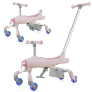 2 in 1 duwauto voor kinderen duwauto met vliegtuigthema met led verlichte wielen afneembare en verstelbare handgreep roze 1