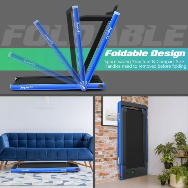 2 in 1 elektrische loopband met afstandsbediening app bediening bluetooth led display mobiele telefoonhouder inklapbaar (blauw) 3