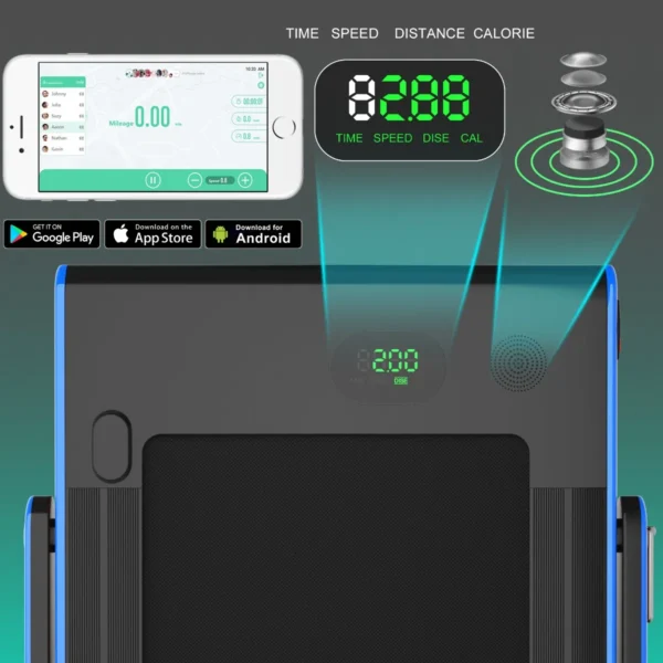 2 in 1 elektrische loopband met afstandsbediening app bediening bluetooth led display mobiele telefoonhouder inklapbaar (blauw) 4