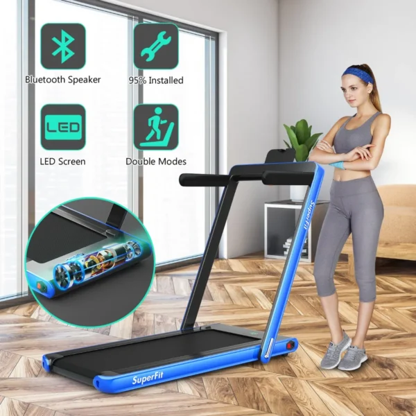2 in 1 elektrische loopband met afstandsbediening app bediening bluetooth led display mobiele telefoonhouder inklapbaar (blauw) 5