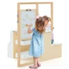 2 in 1 houten kinderbureau met bankje dubbelzijdig verstelbaar kinderbord met papierrol & 5 krijtjes magnetische ezel wit 1