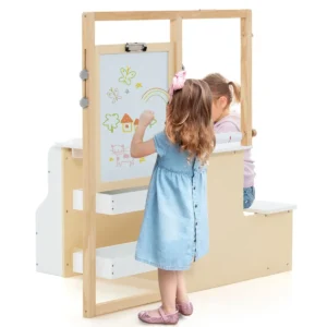 2 in 1 houten kinderbureau met bankje dubbelzijdig verstelbaar kinderbord met papierrol & 5 krijtjes magnetische ezel wit 1