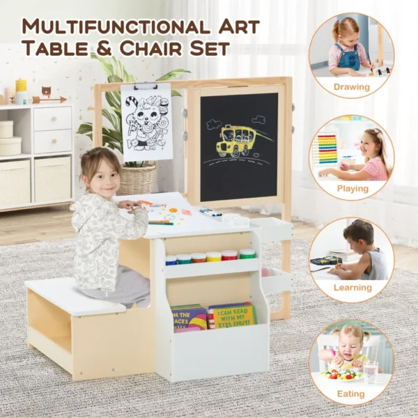 2 in 1 houten kinderbureau met bankje dubbelzijdig verstelbaar kinderbord met papierrol & 5 krijtjes magnetische ezel wit 3