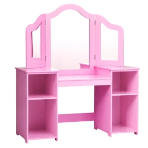 2 in 1 kaptafel met uitneembare spiegel & open vakken van hout voor kinderen vanaf 3 jaar roze 1