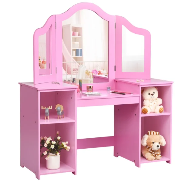 2 in 1 kaptafel met uitneembare spiegel & open vakken van hout voor kinderen vanaf 3 jaar roze 2