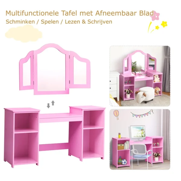 2 in 1 kaptafel met uitneembare spiegel & open vakken van hout voor kinderen vanaf 3 jaar roze 4