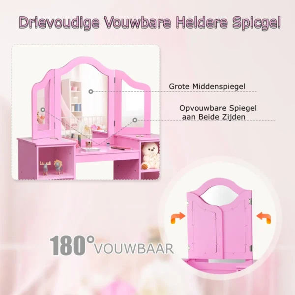 2 in 1 kaptafel met uitneembare spiegel & open vakken van hout voor kinderen vanaf 3 jaar roze 5