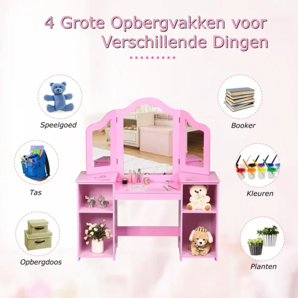 2 in 1 kaptafel met uitneembare spiegel & open vakken van hout voor kinderen vanaf 3 jaar roze 6