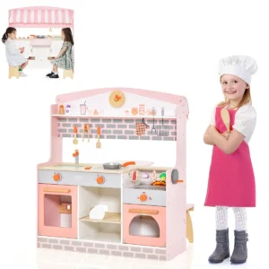 2 in 1 keuken en restaurant voor kinderen dubbelzijdige speelkeuken met fornuis braadoven barbecue verstelbare luifel en houten kraan 1