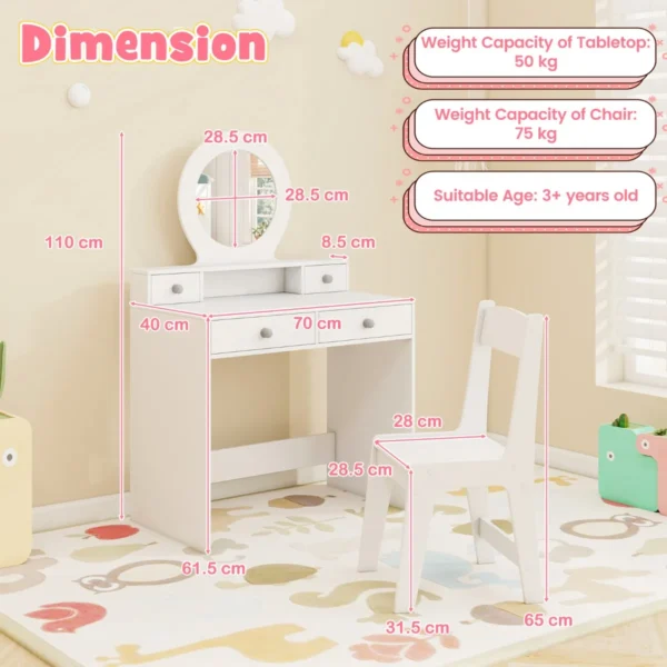 2 in 1 kinderkaptafelset kinderkaptafel met spiegel open plank en 4 laden kaptafel met kruk make uptafel voor kinderen 3+ wit 3