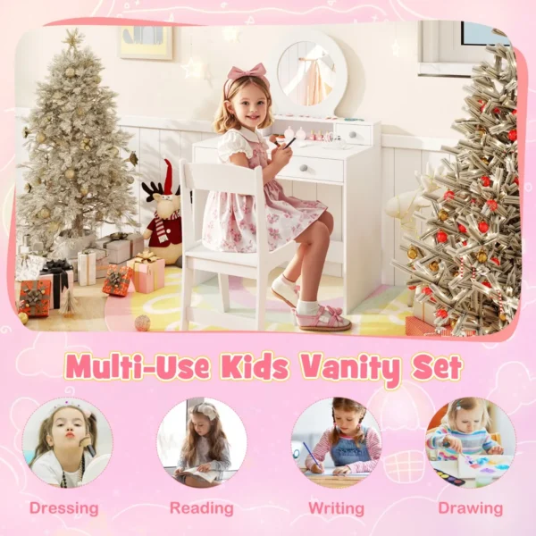 2 in 1 kinderkaptafelset kinderkaptafel met spiegel open plank en 4 laden kaptafel met kruk make uptafel voor kinderen 3+ wit 7