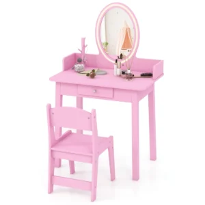 2 in 1 kindermake uptafel met kruk kaptafel met verlichting kaptafel van hout met lade en sieradenorganizer make uptafel prinses (roze) 1