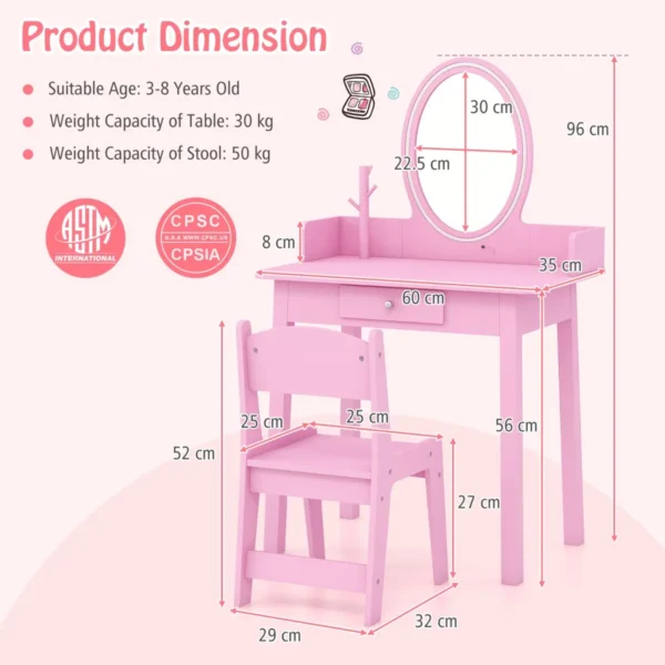 2 in 1 kindermake uptafel met kruk kaptafel met verlichting kaptafel van hout met lade en sieradenorganizer make uptafel prinses (roze) 2