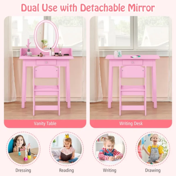 2 in 1 kindermake uptafel met kruk kaptafel met verlichting kaptafel van hout met lade en sieradenorganizer make uptafel prinses (roze) 4
