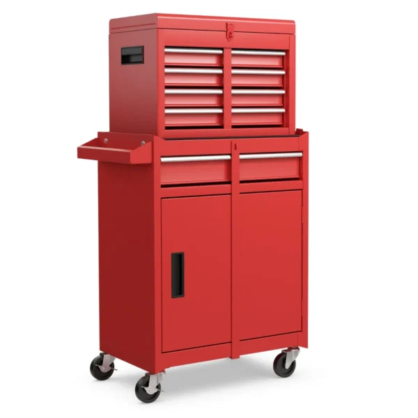 2 in 1 mobiele gereedschapswagen met 8 schuifladen en slot en haken afneembare gereedschapskast metaal op wielen (rood) 2