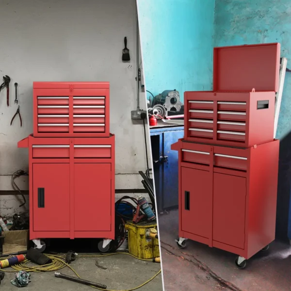 2 in 1 mobiele gereedschapswagen met 8 schuifladen en slot en haken afneembare gereedschapskast metaal op wielen (rood) 4
